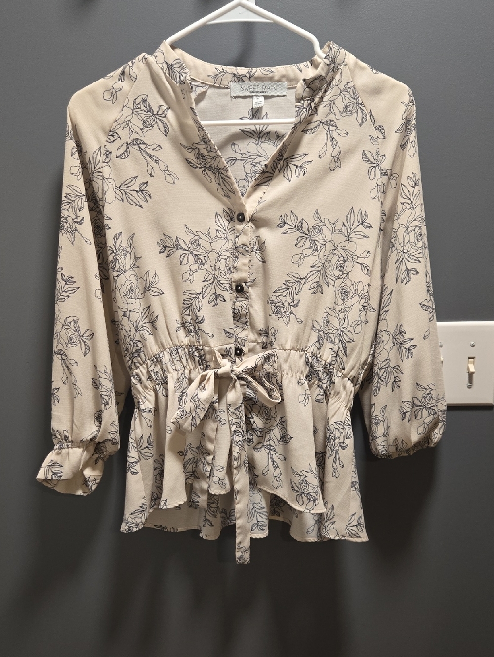 Sweet Rain Cream Blouse with Black Floral Print and Tie Waist